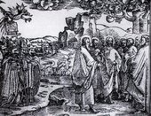 Papież i duchowieństwo katolickie jako wilki czyhające na Chrystusa i Apostołów. Satyryczny drzeworyt do „Przypowieści o fałszywych prorokach” M. Reja.                           