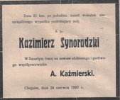 Nekrolog jednej z ofiar wypadku – sygnowany przez właściciela fabryki wódek i likierów.